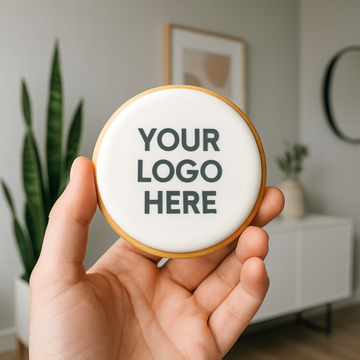 Round custom logo cookie with blue company logo