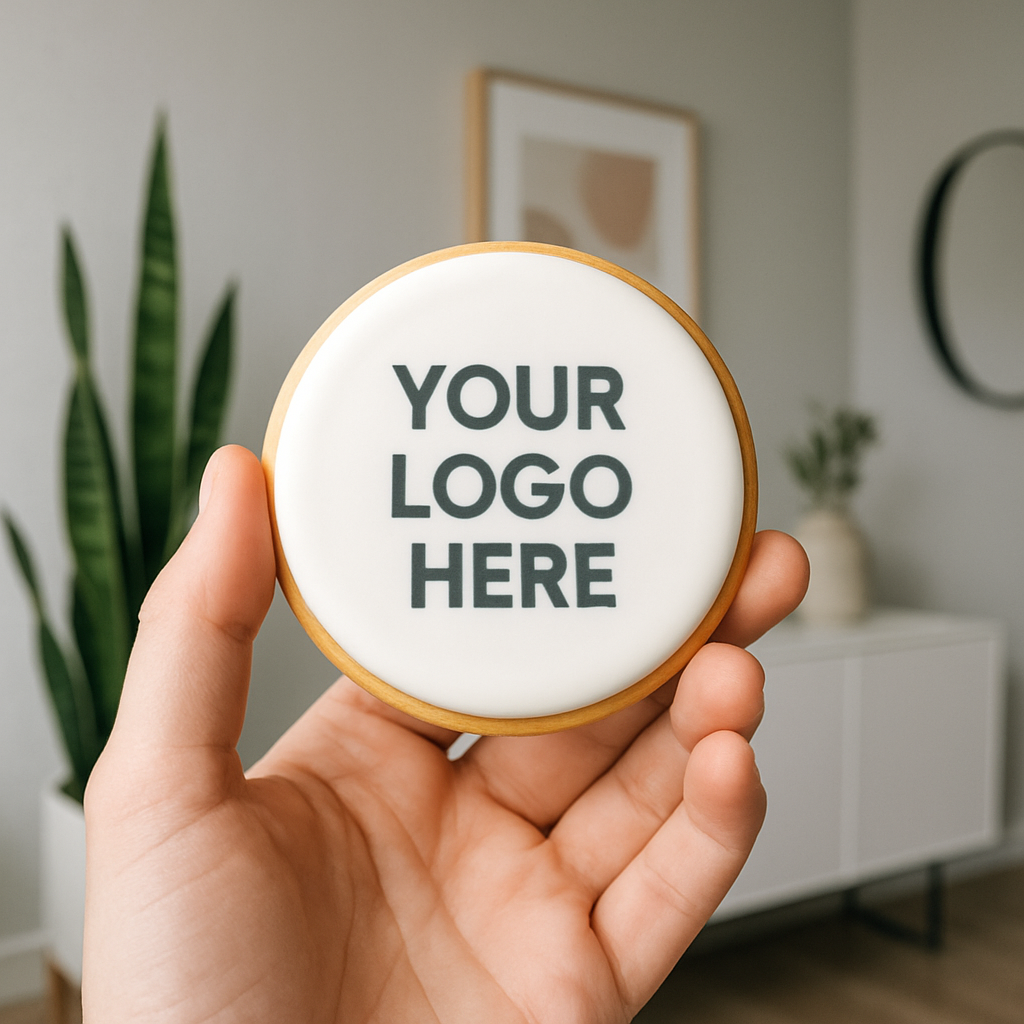 Cookies with various logos and brand names on a light background