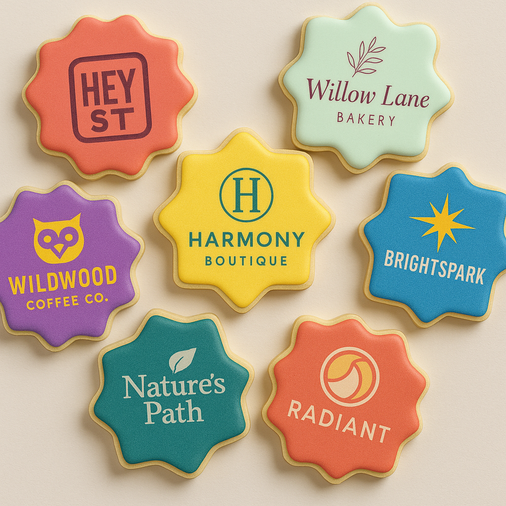 Colorful cookies with branded logos on a beige background