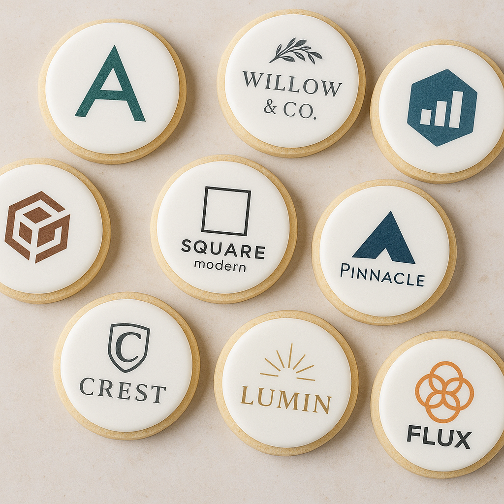 Cookies with various logos and brand names on a light background