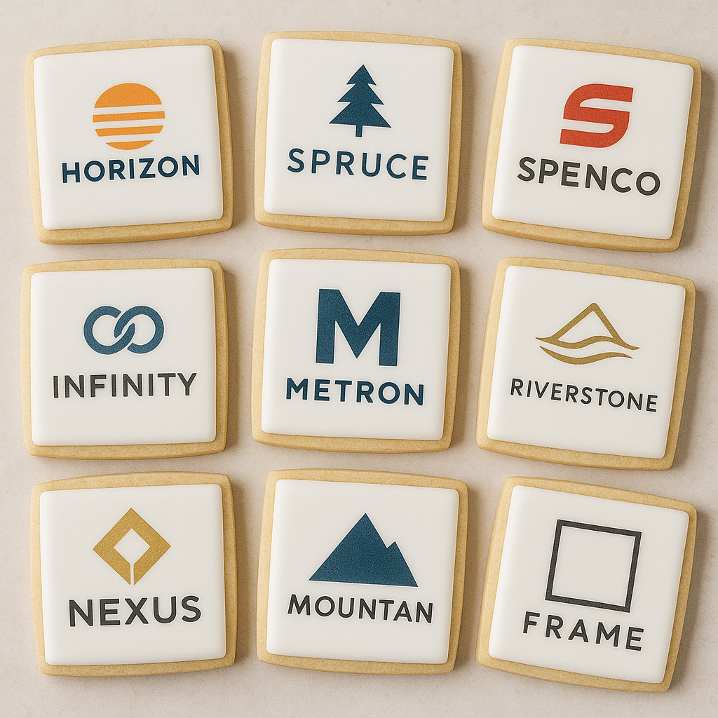Cookies with branded logos on a light background