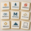 Cookies with branded logos on a light background